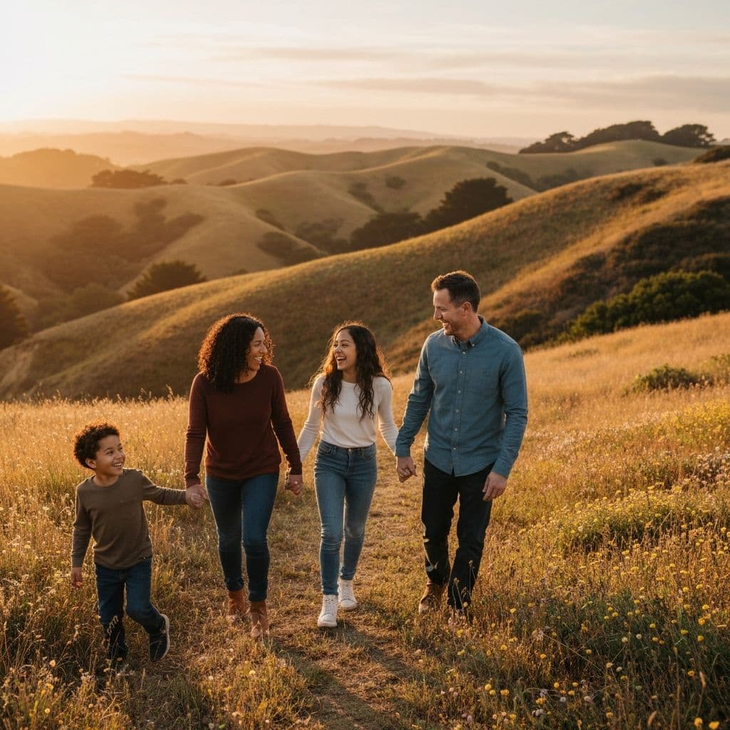A family walking together through the sunlit hills of Marin County