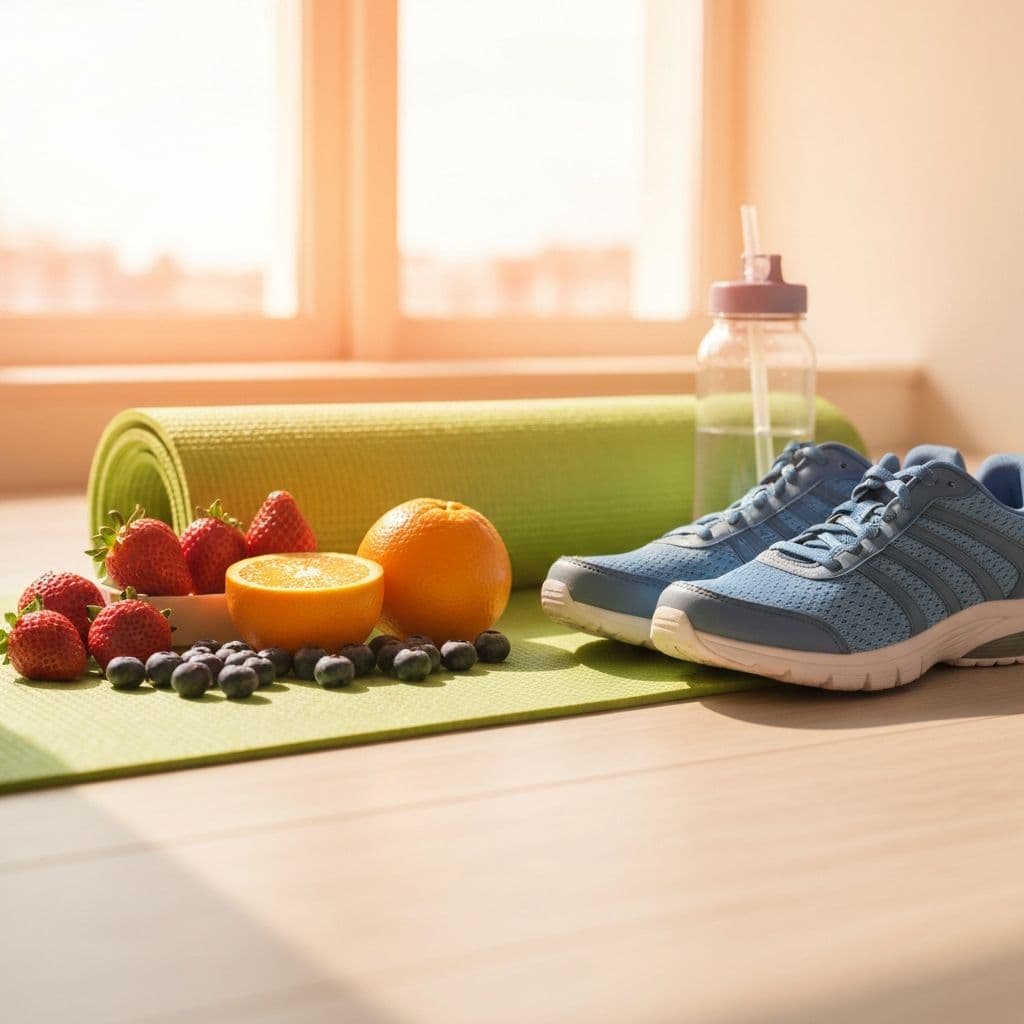 Healthy lifestyle items including fresh produce and fitness equipment