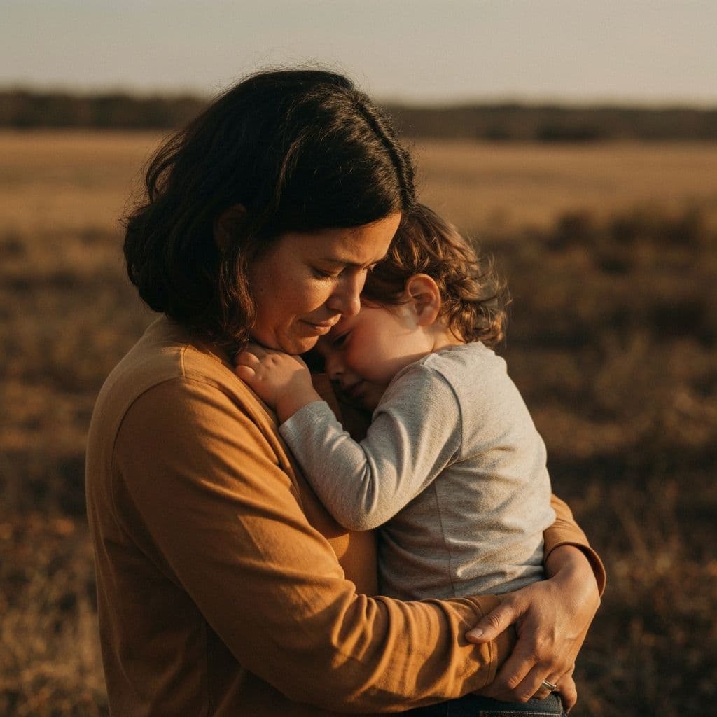 A mother holding her young child close